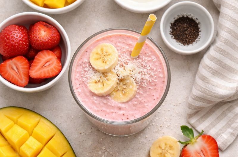 God Smoothie med Banan, Jordgubbar, Mango och Yoghurt