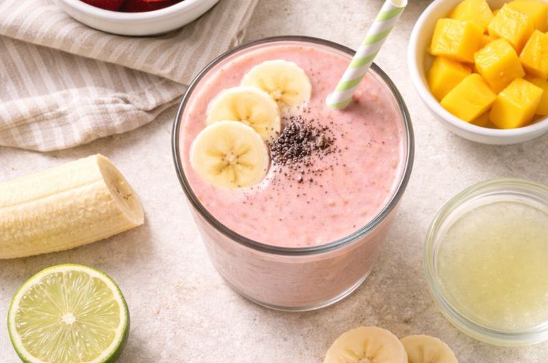 Kaloririk Smoothie med Jordgubbar, Kokosmjölk och Mango