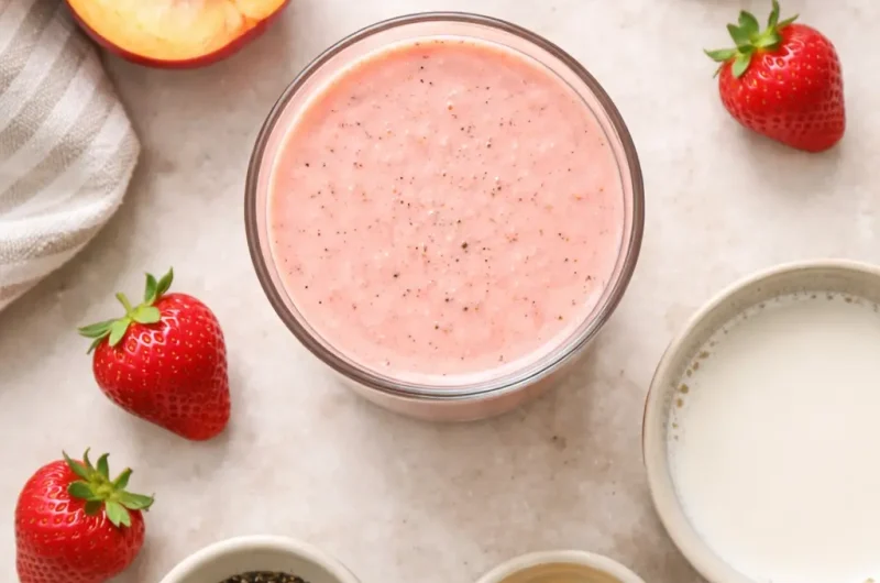 God Smoothie med Persika, Jordgubbar och Mandelmjölk