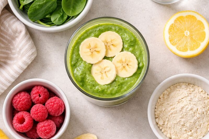 Grön Smoothie med Spenat, Hallon och Proteinpulver