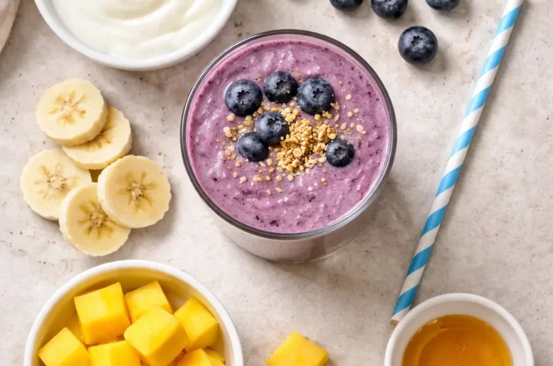 Enkel Smoothie med Yoghurt, Banan, Blåbär och Mango