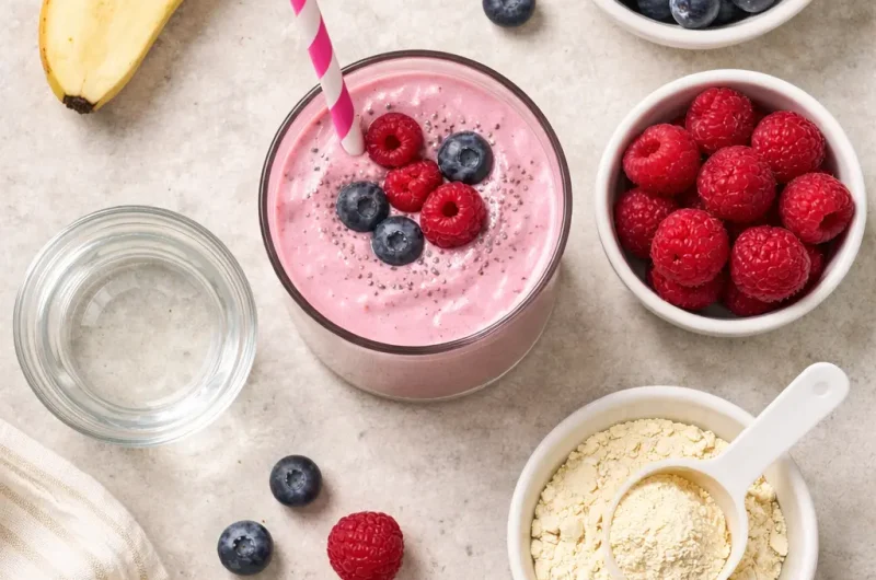 Antioxidativ Smoothie med Banan, Hallon, Blåbär och Proteinpulver