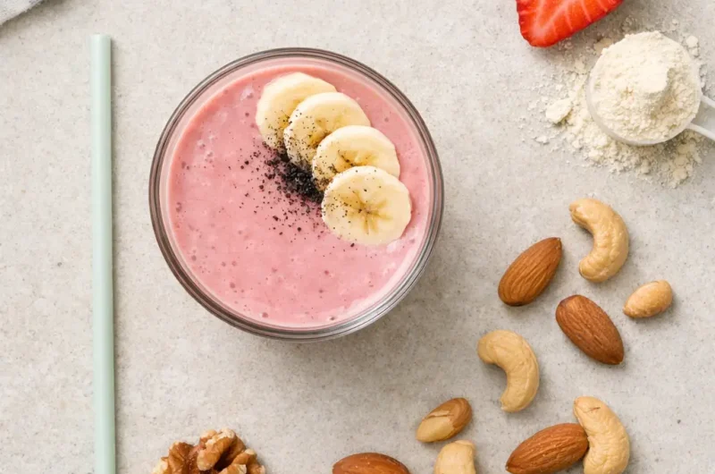 Enkel Smoothie med Blandade nötter, Jordgubbar och Proteinpulver