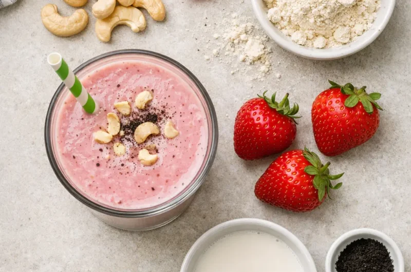 Enkel Smoothie med Cashewnötter, Jordgubbar och Proteinpulver