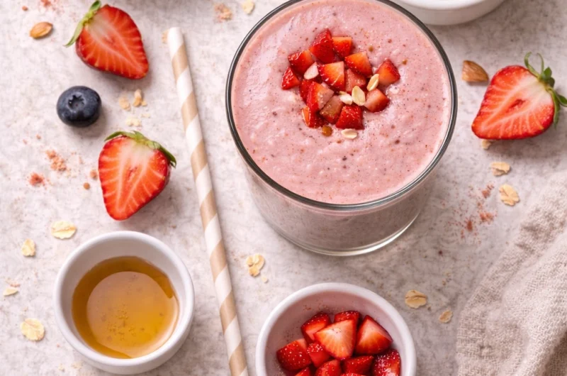 Enkel Smoothie med Mandel, Jordgubbar och Yoghurt