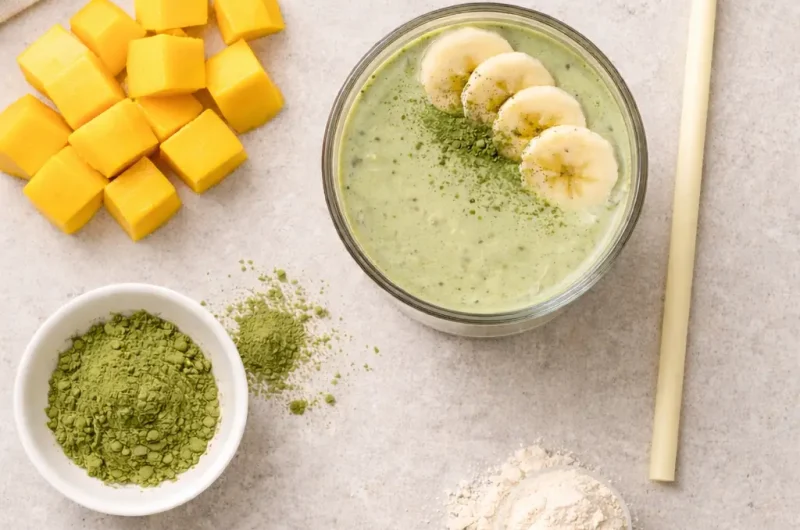 Enkel Smoothie med Matcha, Mango och Proteinpulver